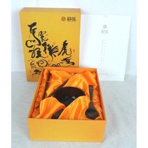 Yunhong Wood Udong Noodle Soup Cereal Bowl w/ Chopsticks Spoon and Rest Boxed